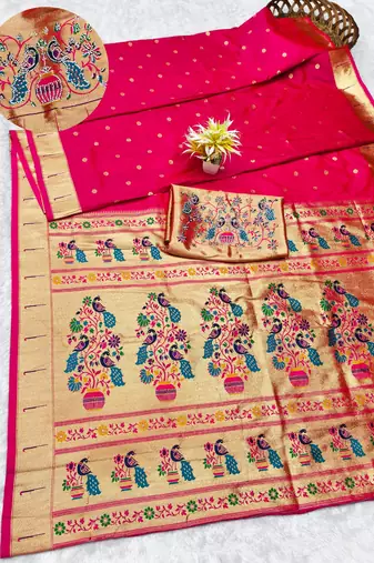 rani zari woven paithani silk blend traditional saree with swarovski blouse piece