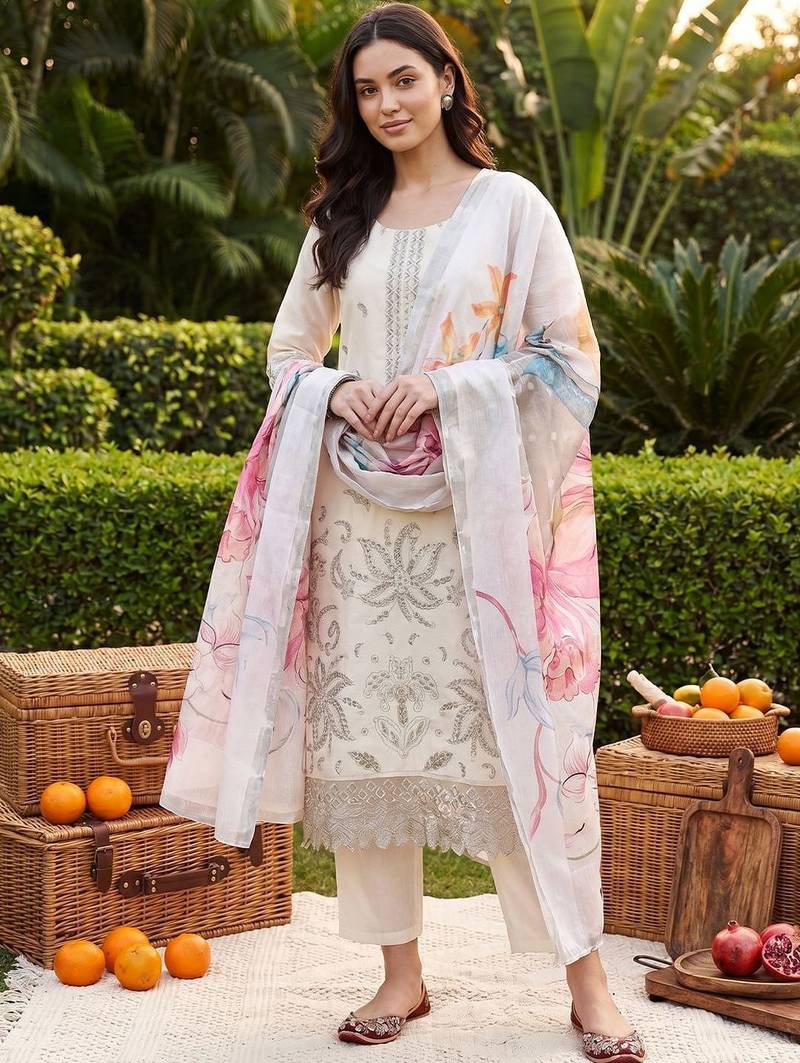 Women Floral Embroidered Regular Thread Work Kurta with Trousers & With Dupatta