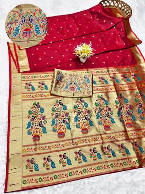 maroon zari woven paithani silk blend traditional saree with swarovski blouse piece 1