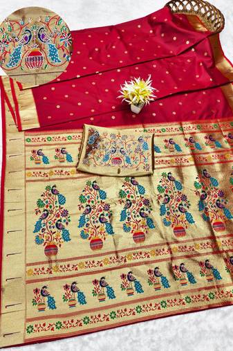 maroon zari woven paithani silk blend traditional saree with swarovski blouse piece