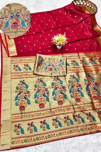 maroon zari woven paithani silk blend traditional saree with swarovski blouse piece