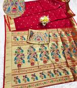 maroon zari woven paithani silk blend traditional saree with swarovski blouse piece