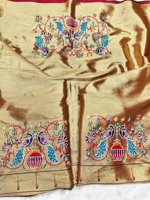 maroon zari woven paithani silk blend traditional saree with swarovski blouse piece 3