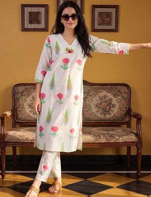 Women Floral Printed Regular Mirror Work Pure Cotton Kurta with Trousers 6