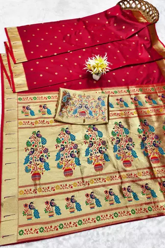 maroon zari woven paithani silk blend traditional saree with swarovski blouse piece