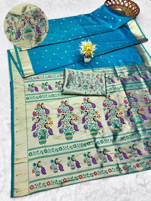 rama zari woven paithani silk blend traditional saree with swarovski blouse piece 1