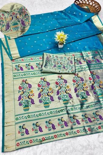 rama zari woven paithani silk blend traditional saree with swarovski blouse piece