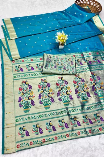 rama zari woven paithani silk blend traditional saree with swarovski blouse piece