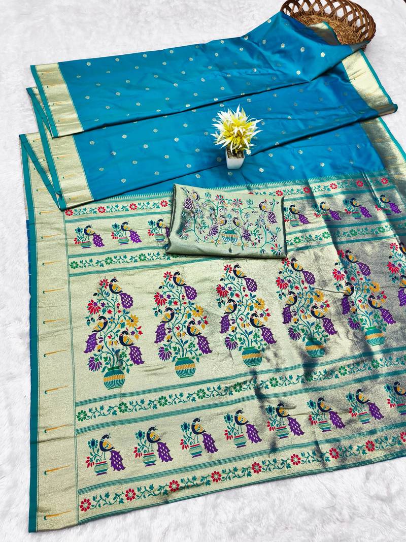 rama zari woven paithani silk blend traditional saree with swarovski blouse piece