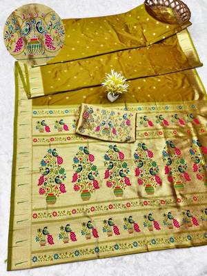 gold zari woven paithani silk blend traditional saree with swarovski blouse piece 1
