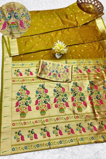 gold zari woven paithani silk blend traditional saree with swarovski blouse piece