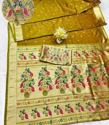 gold zari woven paithani silk blend traditional saree with swarovski blouse piece