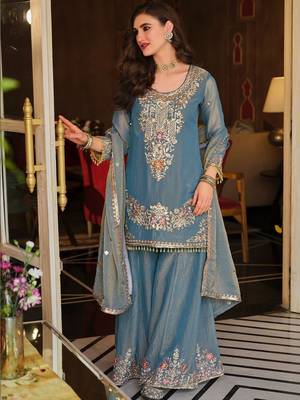 Women Ethnic Motifs Embroidered Regular Thread Work Kurta with Sharara & With Dupatta 1