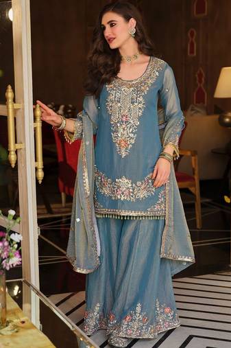 Women Ethnic Motifs Embroidered Regular Thread Work Kurta with Sharara & With Dupatta