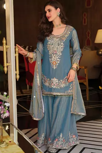 Women Ethnic Motifs Embroidered Regular Thread Work Kurta with Sharara & With Dupatta