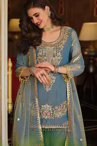 Women Ethnic Motifs Embroidered Regular Thread Work Kurta with Sharara & With Dupatta