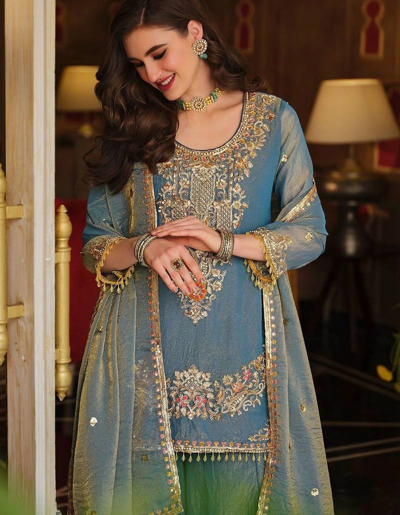 Women Ethnic Motifs Embroidered Regular Thread Work Kurta with Sharara & With Dupatta