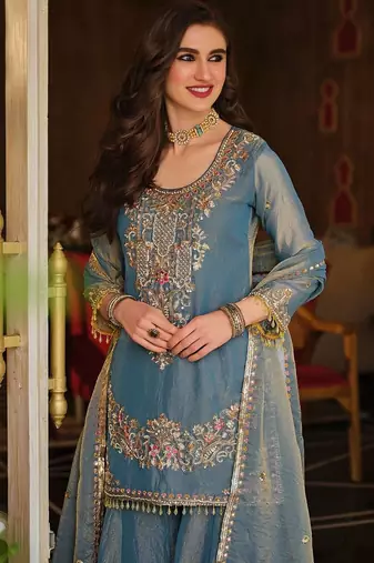 Women Ethnic Motifs Embroidered Regular Thread Work Kurta with Sharara & With Dupatta