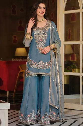 Women Ethnic Motifs Embroidered Regular Thread Work Kurta with Sharara & With Dupatta