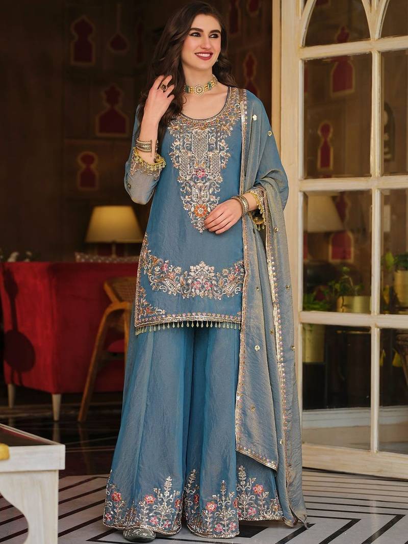 Women Ethnic Motifs Embroidered Regular Thread Work Kurta with Sharara & With Dupatta