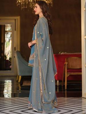 Women Ethnic Motifs Embroidered Regular Thread Work Kurta with Sharara & With Dupatta 6