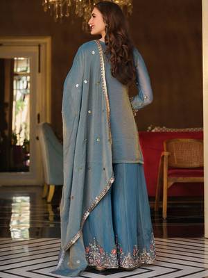 Women Ethnic Motifs Embroidered Regular Thread Work Kurta with Sharara & With Dupatta 7