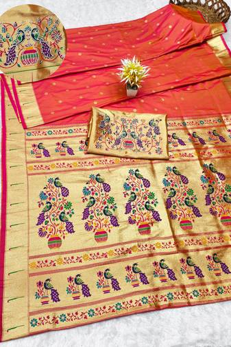 gajri zari woven paithani silk blend traditional saree with swarovski blouse piece
