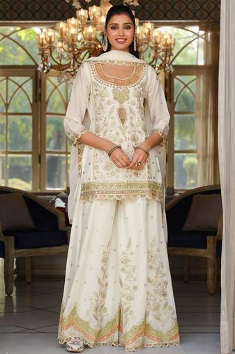 Women Ethnic Motifs Embroidered Regular Sequinned Kurta with Sharara & With Dupatta