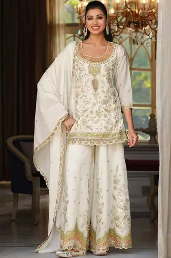Women Ethnic Motifs Embroidered Regular Sequinned Kurta with Sharara & With Dupatta