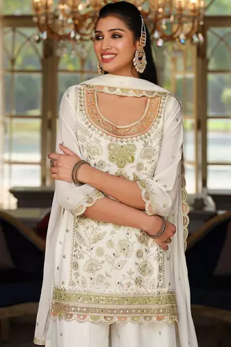 Women Ethnic Motifs Embroidered Regular Sequinned Kurta with Sharara & With Dupatta