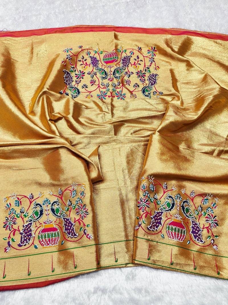 gajri zari woven paithani silk blend traditional saree with swarovski blouse piece