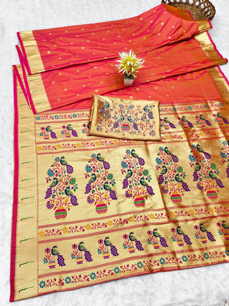 gajri zari woven paithani silk blend traditional saree with swarovski blouse piece