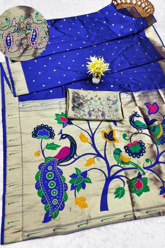 blue zari woven paithani silk blend traditional saree with swarovski blouse piece