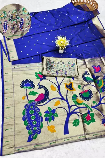 blue zari woven paithani silk blend traditional saree with swarovski blouse piece