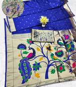 blue zari woven paithani silk blend traditional saree with swarovski blouse piece