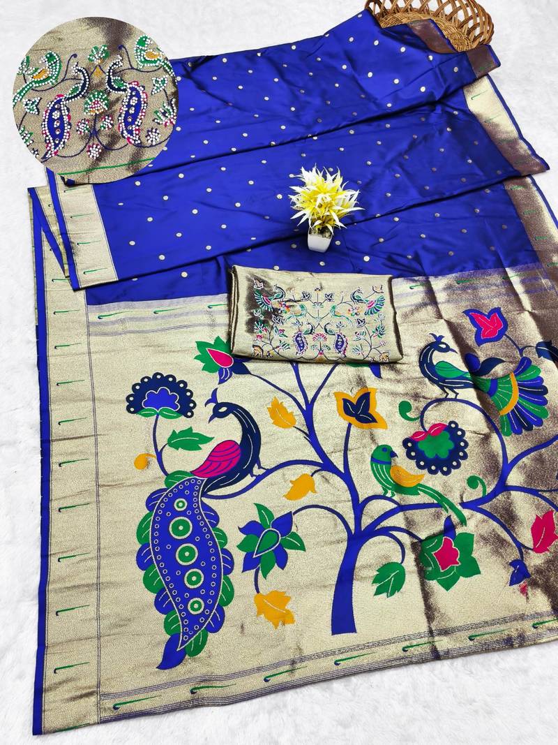 blue zari woven paithani silk blend traditional saree with swarovski blouse piece