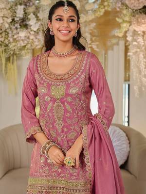 Women Ethnic Motifs Embroidered Regular Thread Work Kurta with Sharara & With Dupatta 4