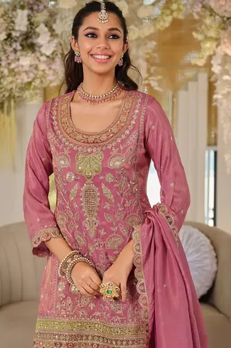 Women Ethnic Motifs Embroidered Regular Thread Work Kurta with Sharara & With Dupatta