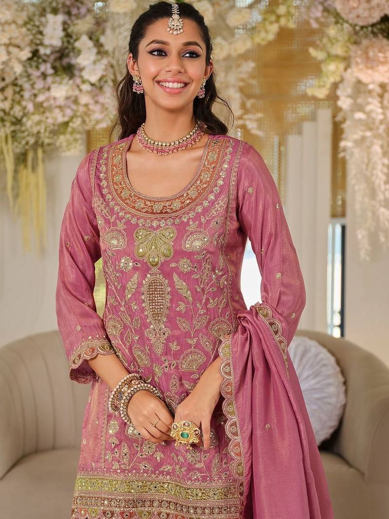 Women Ethnic Motifs Embroidered Regular Thread Work Kurta with Sharara & With Dupatta