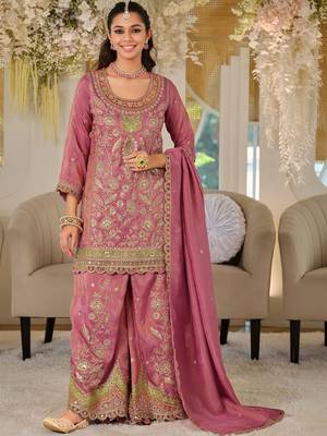 Women Ethnic Motifs Embroidered Regular Thread Work Kurta with Sharara & With Dupatta 5