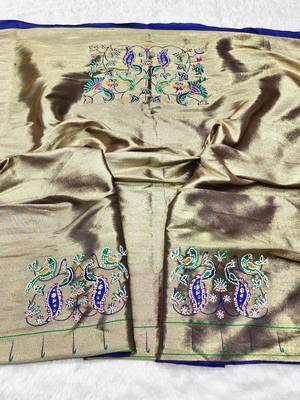 blue zari woven paithani silk blend traditional saree with swarovski blouse piece 3