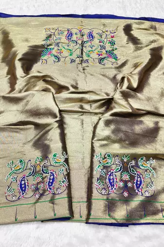 blue zari woven paithani silk blend traditional saree with swarovski blouse piece