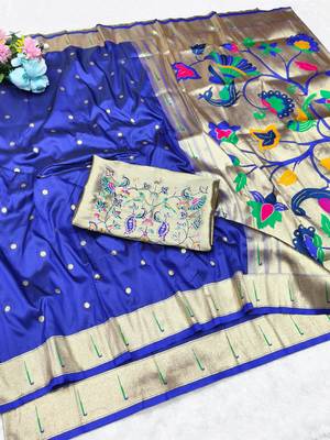 blue zari woven paithani silk blend traditional saree with swarovski blouse piece 4