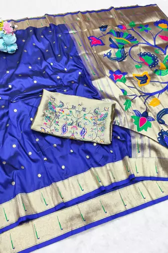 blue zari woven paithani silk blend traditional saree with swarovski blouse piece