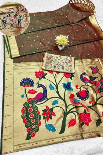 brown zari woven paithani silk blend traditional saree with swarovski blouse piece