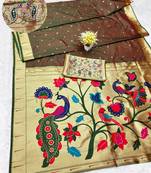 brown zari woven paithani silk blend traditional saree with swarovski blouse piece