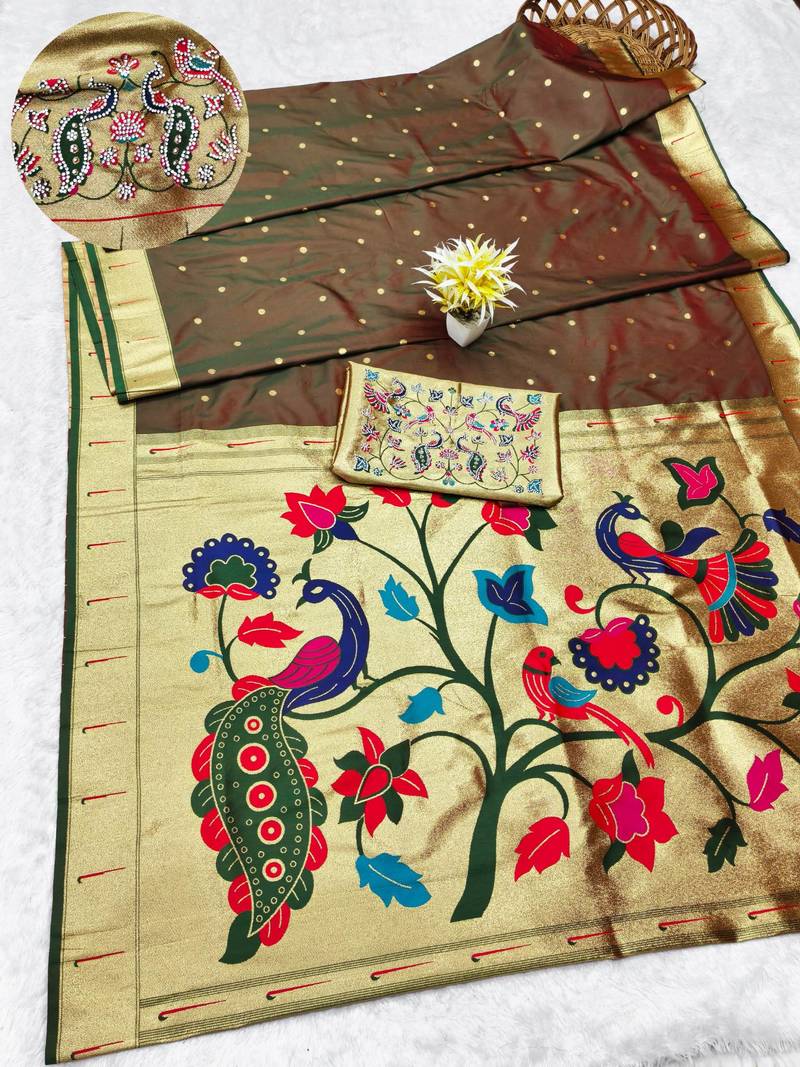 brown zari woven paithani silk blend traditional saree with swarovski blouse piece