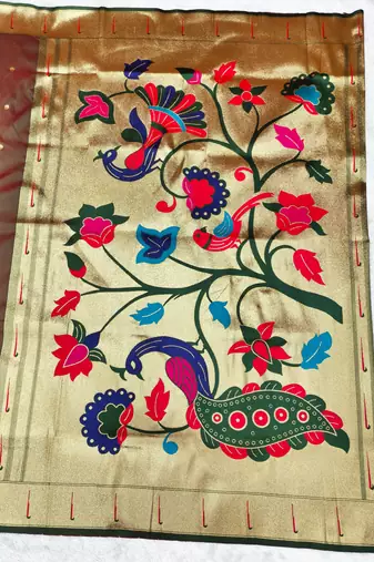brown zari woven paithani silk blend traditional saree with swarovski blouse piece