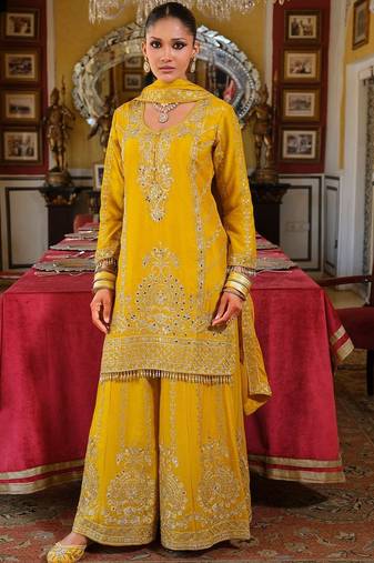 Ethnic Motifs Embroidered Straight Mirror Work Kurta With Palazzos & Dupatta