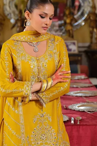 Ethnic Motifs Embroidered Straight Mirror Work Kurta With Palazzos & Dupatta